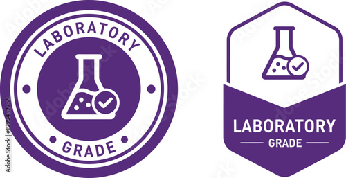 Laboratory Grade Badge Icons with Chemistry Flask and Check Mark for Quality Assurance Labels