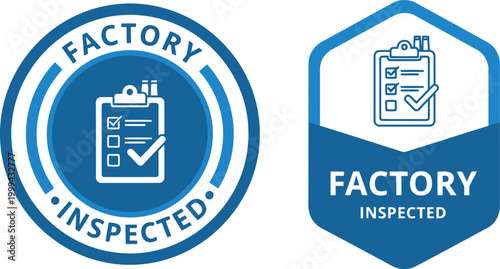 Factory Inspected Badge Icon Set with Checklist and Blue Shield for Quality Control Certification