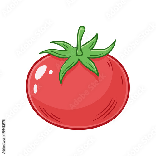Simple cartoon illustration of a bright red ripe tomato with a green stem and leaves