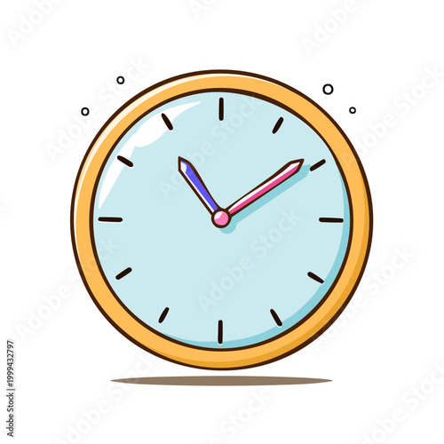 Simple hand drawn cartoon clock face with light blue background and yellow frame showing time