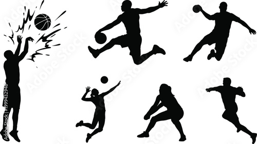 Volleyball player silhouettes set dynamic action poses isolated on light background sports illustration collection