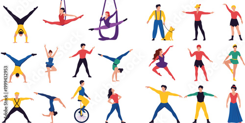 People Performing Gymnastics, Acrobatics and Dance Activities Set in Flat Style, Collection of Balance, Flexibility, Aerial Hoop and Movement Vector Illustration