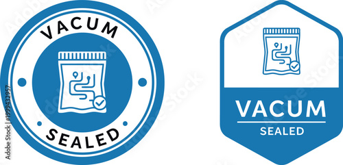 Blue Vacuum Sealed Badge Icons for Packaging and Food Storage Labels, Vector Illustration