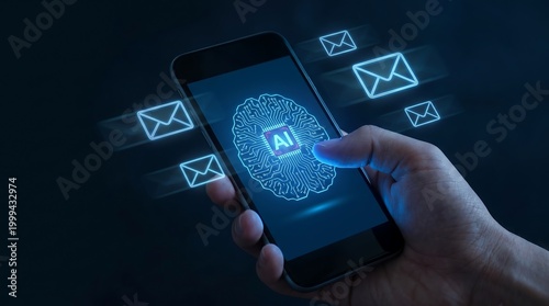 Hand holding smartphone with ai brain and digital email icons on screen, concept of artificial intelligence in communication and email management