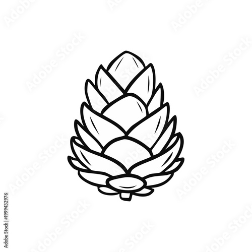 Stylized black and white drawing of a hop cone outline illustration