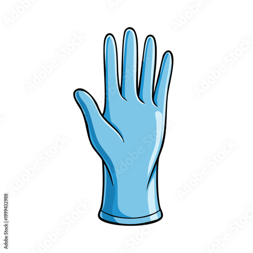 Hand wearing a blue medical glove, open palm, illustration