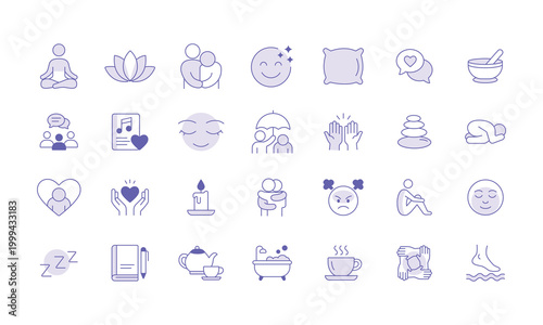 Collection of Handdrawn Line Icons Representing Mental Health and Wellness Concepts