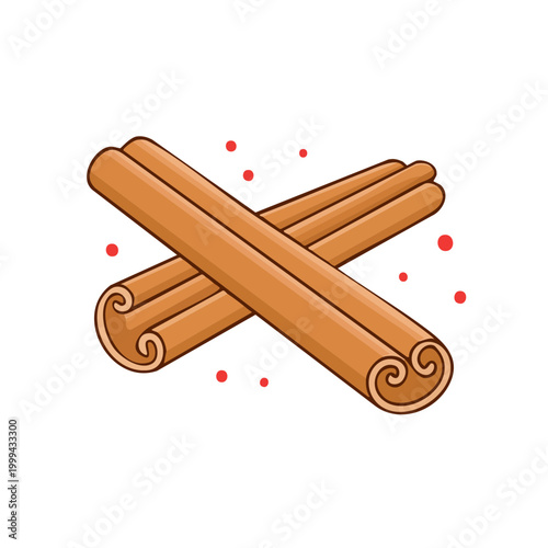 Two brown cinnamon sticks crossed with red spice dots