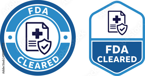 FDA Cleared Badge Icons for Medical Device Approval and Healthcare Certification in Blue Vector Style