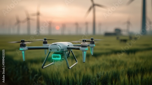 Drone flies over green fields near wind turbines at sunset while capturing data for farming and environmental purposes