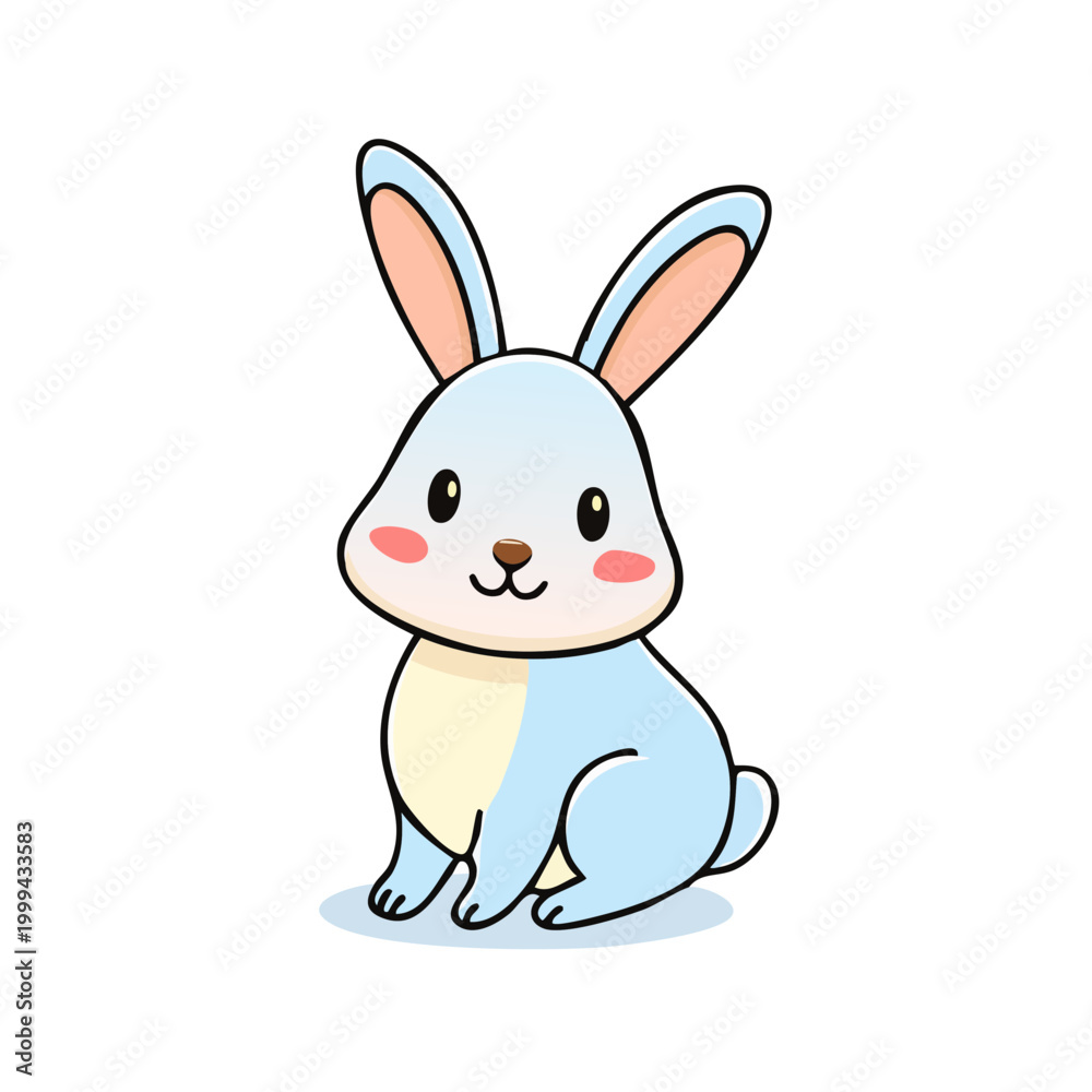 Fototapeta premium Cute blue and yellow cartoon rabbit sitting with pink cheeks and big ears