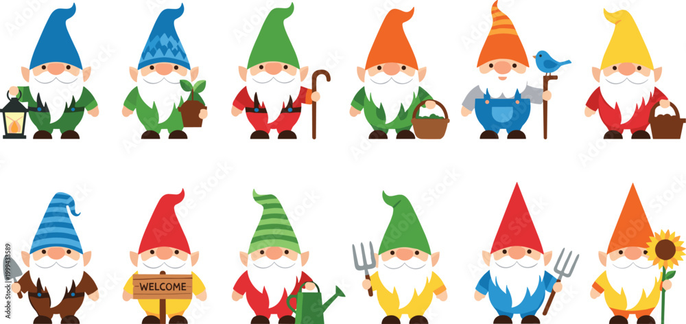 Fototapeta premium Colorful Gnome Character Vector Illustration Set Featuring Gardening, Welcome Signs, and Nature Elements for Garden and Seasonal Design.
