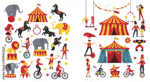 Circus Show Elements and Performers Collection in Flat Style, Set of Animals, Acrobats, Clowns, Tents and Carnival Entertainment Vector Illustration