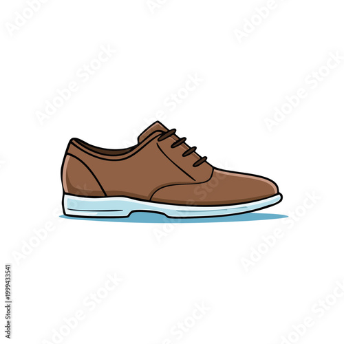 Brown leather oxford shoe with white sole and laces isolated on white background