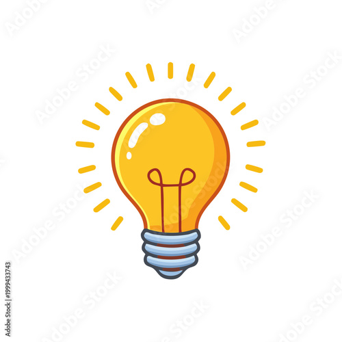 Bright idea illumination symbol with glowing filaments and radiating light on white background