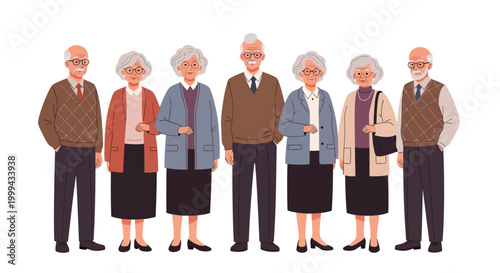 Elderly people standing in line together.