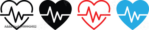 Heartbeat heart icon set, cardiology pulse health symbol, flat vector illustration