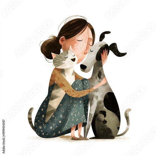 A person hugs their cat and dog tightly, showing love and comfort between them