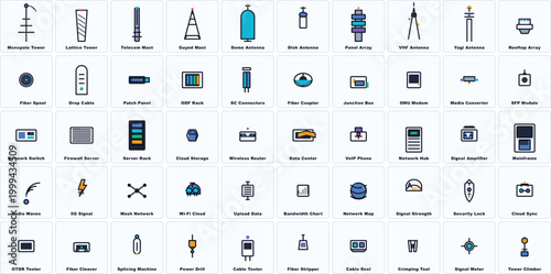 Telecommunications Tower & Fiber Optics Icon Set - 50 Labeled 2D Vectors, Technical Flat Design Set