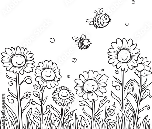 Hand drawn cute potted blooming Line Art flowers coloring page for adults and kids