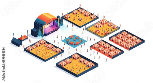 Isometric aerial view of a vibrant summer festival layout featuring multiple tents, a central stage, and various concession stands, all arranged on square plots against a clean white