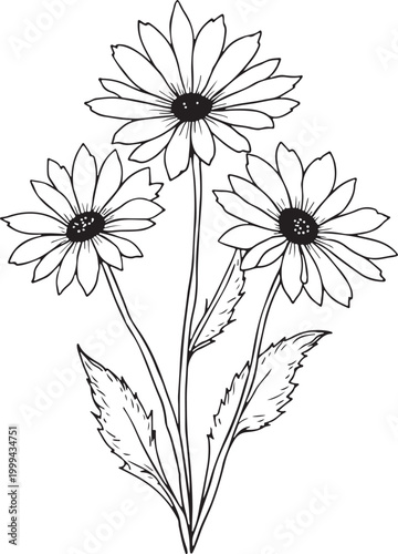 Hand drawn cute potted blooming Line Art flowers coloring page for adults and kids