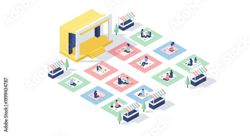 Isometric illustration showing people enjoying an outdoor summer festival with vendor booths and a stage in a light and airy color palette, set against a clean white background