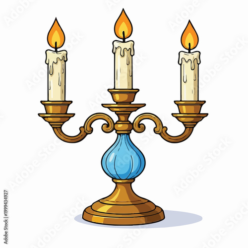 This classic ornate golden candelabra with a blue stem proudly displays three flickering white candles, casting a warm, inviting glow.