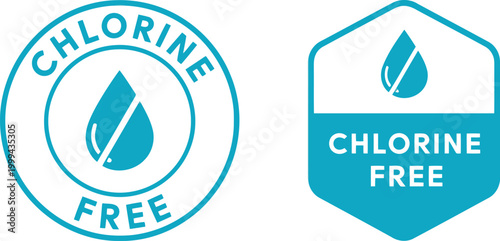 Chlorine Free Badge Icons Set – Blue Eco Friendly Water Drop Labels for Product Packaging and Marketing