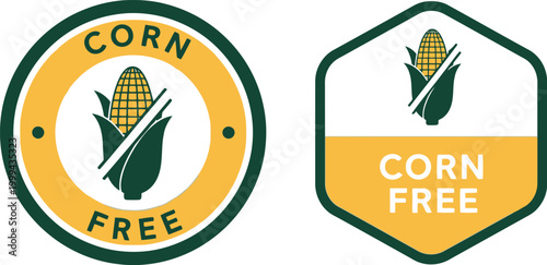 Corn Free Label Badge Icons for Food Packaging and Allergy Awareness, Vector Illustration
