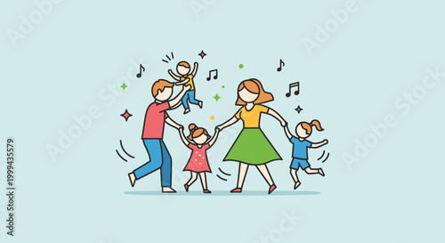 Happy family dancing together outdoors freely.