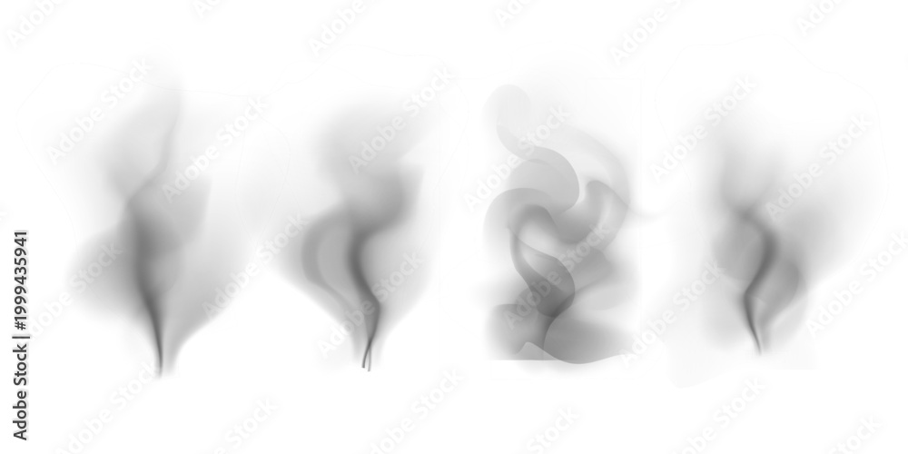 Naklejka premium Steam smoke rising from hot coffee, water, tea, drink or food on white background. Black vapor effect for food and drink design. Realistic vector illustrations set.