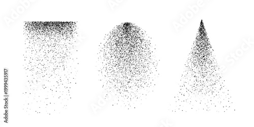Water sprays. Dot grain noise gradient shapes. Sprays with splash effect, featuring grainy texture and gradient dissolve. Abstract modern vector illustration.