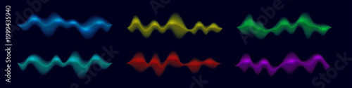 Sound waves. Color music audio voice lines with glowing vertical bars on dark. Music waveforms in neon gradient style for audio visualizer, equalizer, DJ interface. Abstract vector illustrations set.