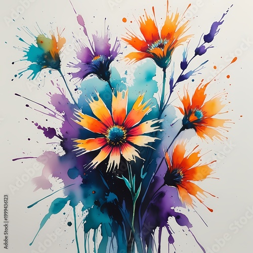 wildflower meadow illustration with artistic blur and paint dripping
