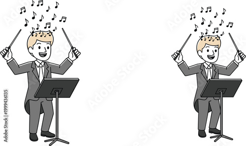 Cartoon Orchestra Conductor Illustration with Baton, Music Notes, and Joyful Performance Scene