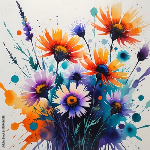 wildflowers bouquet with messy ink outlines and watercolor splashes