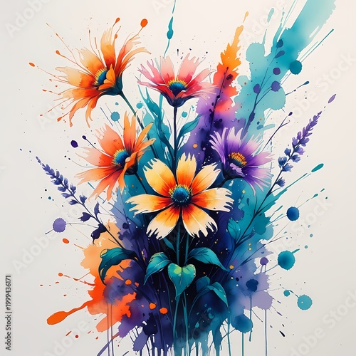 artistic watercolor meadow flowers in orange purple and teal tones