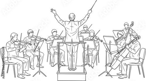 Orchestra Performance Line Illustration with Conductor and Musicians Playing Classical Instruments