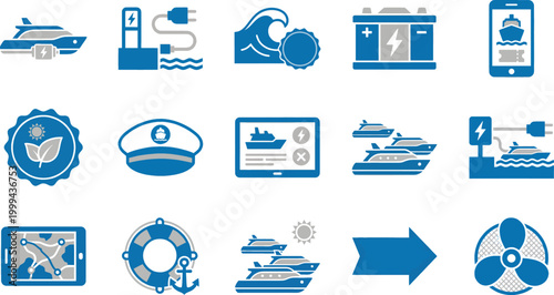 Zero emission ferry icon set for maritime transport