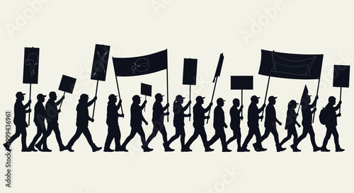 Silhouettes of people marching protesting.