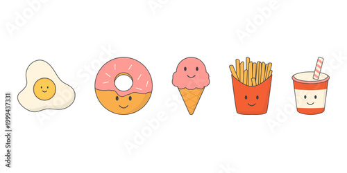 Adorable Kawaii Food Illustrations: Egg, Donut, Ice Cream, Fries, Drink