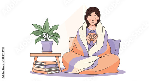 Cozy illustration of a serene woman wrapped in a blanket, holding a warm mug against a white background, with a potted plant and books beside her, conveying a peaceful and relaxed mood