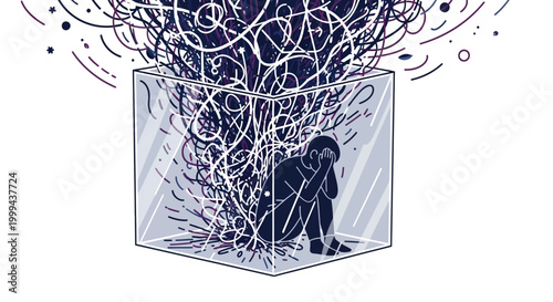 Stylized illustration depicting a person trapped inside a transparent box with chaotic, swirling lines above, rendered with a stark black-and-white color scheme evoking feelings