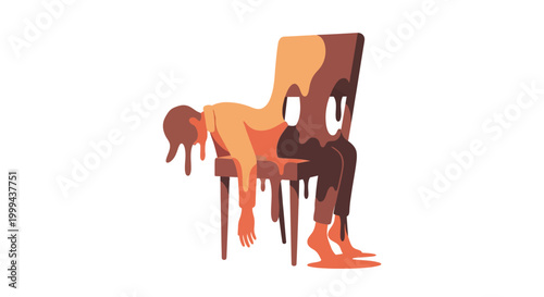 A stylized slumped human figure is melting on a chair, portrayed in shades of brown and orange against a stark white backdrop, creating a surreal and conceptual composition