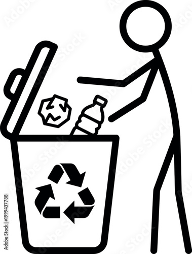 Stick figure throwing recyclable materials into recycling bin with symbol
