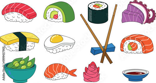 Sushi and Japanese Cuisine Icon Set Featuring Sushi Rolls, Sashimi, Edamame, Chopsticks, and Soy Sauce for Food, Restaurant, and Culinary Websites, Apps, and Digital Media Designs