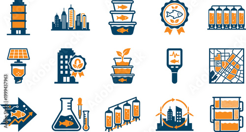 Aquaculture icons for sustainable urban farming