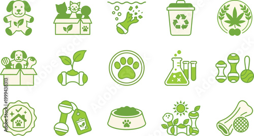 Biodegradable pet toys icon set for eco friendly brands