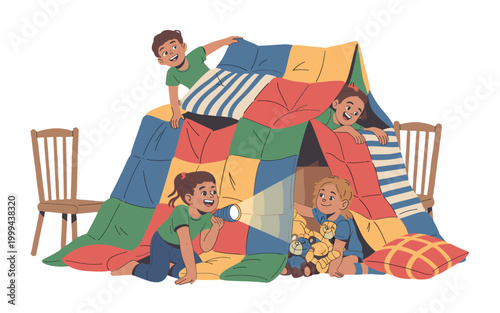 Children happily playing in a colorful blanket fort with a flashlight.